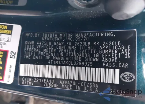 2020 Toyota Camry Se z USA, uszkodzony, nr VIN 4T1M11AK9LU399925